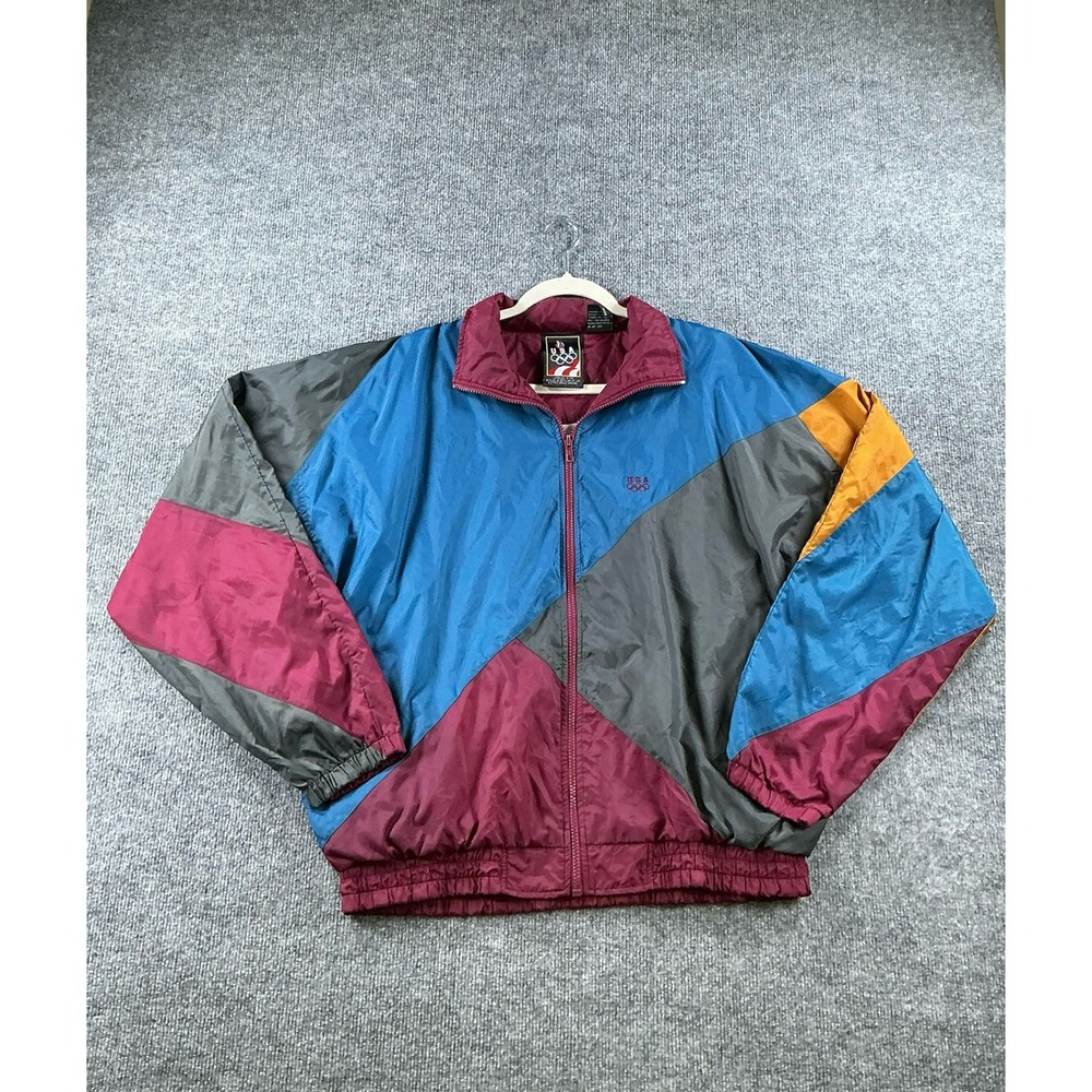 Vintage JCPenney USA Olympic Windbreaker Jacket Colorblock Blue Burgundy Medium